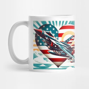 Retro Fighter Jet Airplane American Flag Heart 4Th Of July Mug